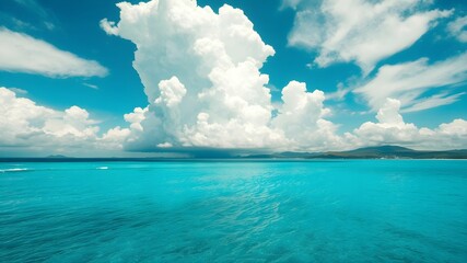 tropical beach with turquoise water and white clouds in the blue sky