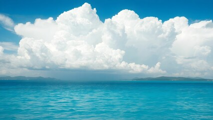 tropical beach with turquoise water and white clouds in the blue sky