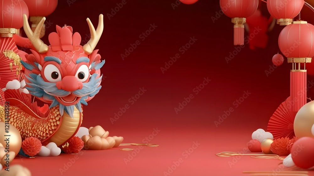 Aufkleber Captivating 3D showcasing a Chinese dragon head design featuring intricate gold red and blue patterns glowing effects and a vibrant abstract red and gold background
