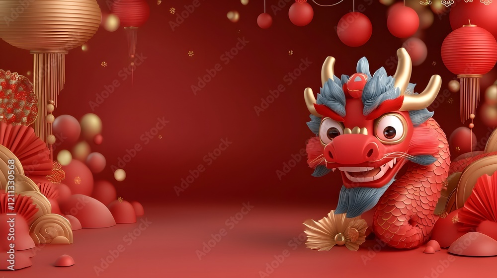 Aufkleber dynamic 3d of a chinese dragon head featuring intricate gold red and blue patterns glowing effects a