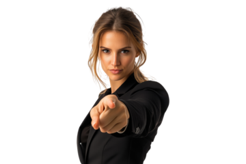 Businesswoman pointing at the camera isolated on white or transparent, PNG