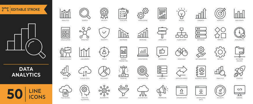 Data analytics icon set. Containing database, statistics, analytics, server, monitoring, computing, network and more. Vector illustration