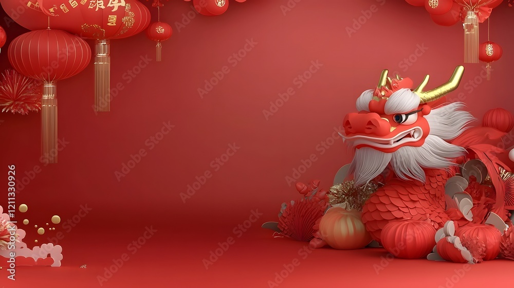 Aufkleber vibrant and intricate chinese dragon head in bold colors with glowing effects surrounded by festive 