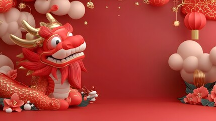 Naklejka premium Radiant 3D of a traditional Chinese dragon head featuring ornate gold and red motifs glowing details and a festive background with swirling clouds This mythical creature symbolizes luck prosperity