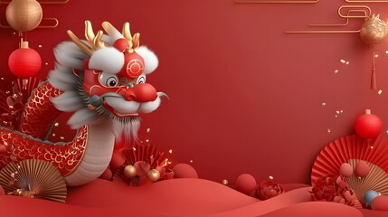 Fototapeta premium Striking 3D Chinese Dragon Head Adorned with Vibrant Patterns Fluffy Details and Glowing Light Trails Set Against a Bold Festive Backdrop