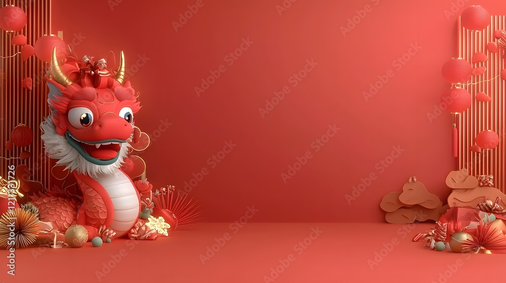 Aufkleber Captivating and intricately detailed 3D dragon head design featuring bold colors festive motifs and glowing light trails set against a warm red gradient background