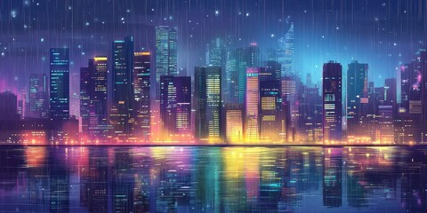 Fototapeta premium Rainy Night Cityscape Vibrant Lights Reflecting Water