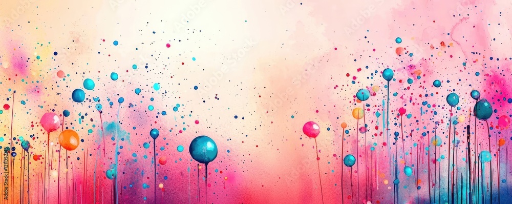 Poster splattered watercolor idea. a vibrant abstract splash of colors with bold circles and drips creating