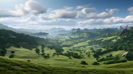Obraz premium Breathtaking panoramic view of a lush verdant green valley nestled between picturesque rolling hills and mountains creating a serene and majestic natural landscape