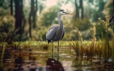 Naklejka premium Heron in a Tranquil Pond