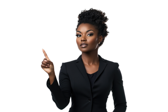 Black businesswoman pointing upwards isolated on white or transparent, PNG