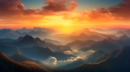 Stunning panoramic view of snow capped mountain peaks during a breathtaking sunrise with golden light casting a warm glow over the picturesque alpine landscape