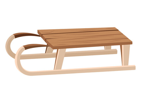 Wooden snow sledge vector illustration. Classic sled design for winter activities. Flat cartoon style, isolated on white background.