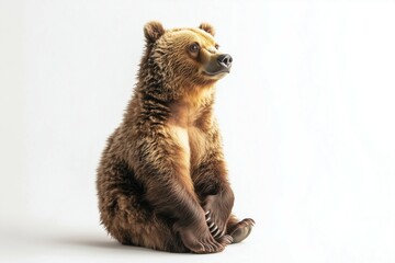 Photograph of a full-body brown bear sitting on a white background