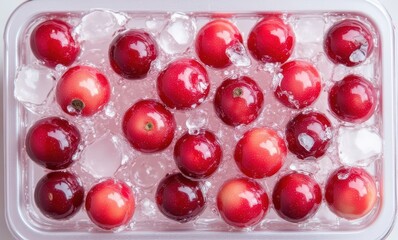 Fresh cherries on ice in a container