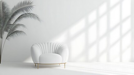 White armchair in minimalist room with palm plant
