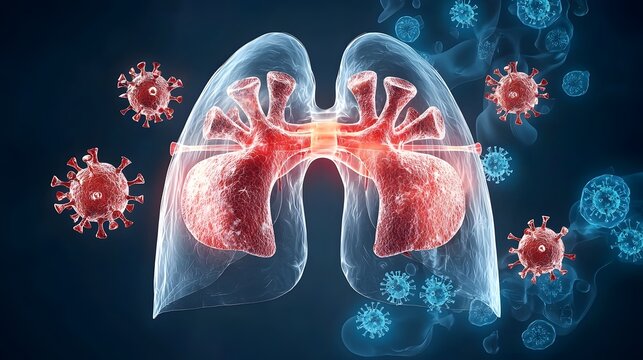 of a viral infection respiratory medical theme with glowing red virus particles entering the lungs against a gradient blue background  Concept of epidemic pandemic disease illness healthcare