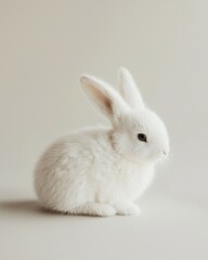 A cute white rabbit sitting on the ground, against a white background.