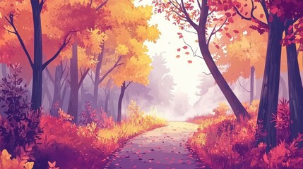 Autumnal Path Through a Misty Forest Scene