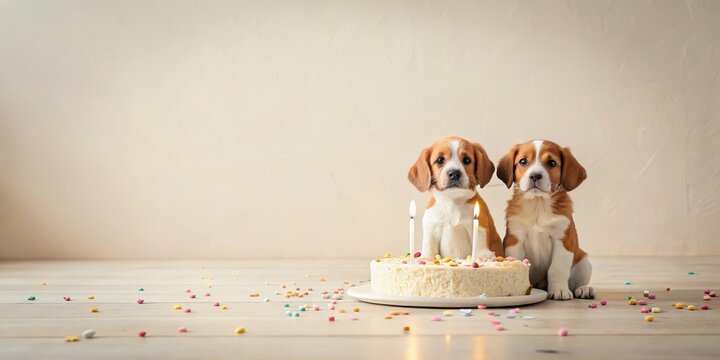 Two adorable puppies celebrate a joyful occasion with a delicious birthday cake, surrounded by colorful sprinkles on a light wooden floor.