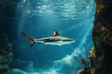 Obraz premium A blacktail shark swimming in the blue water of an aquarium