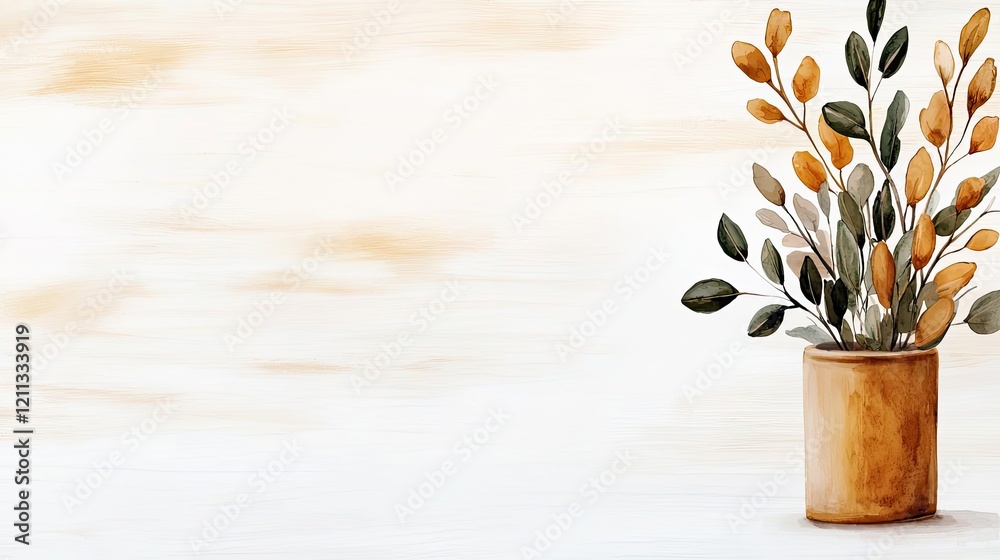 Poster rustic watercolor concept. a beautiful arrangement of foliage in a rustic pot on a soft, neutral bac