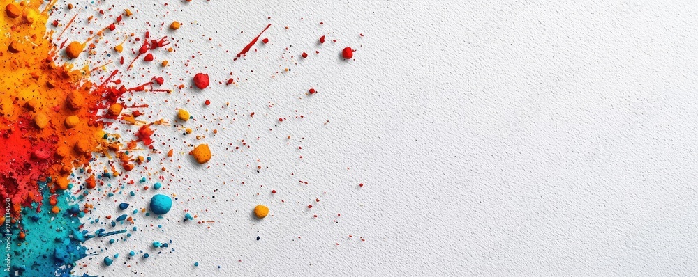 Poster Splattered watercolor idea. Vibrant color splashes create a dynamic visual effect on a white background.