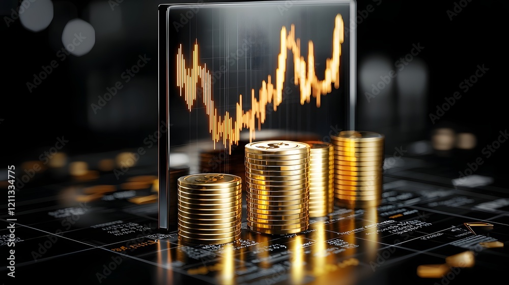 Poster Glowing financial graphs and arrows illustrating market growth progress and wealth creation in a modern high tech design  This image represents the concept of successful investing