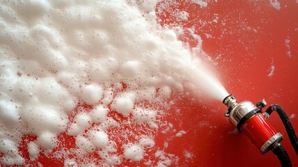 Foam firefighter concept. A fire extinguisher discharging foam against a bright red background, illustrating safety equipment in action.