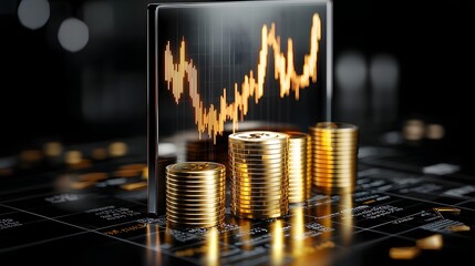 Glowing financial graphs and arrows illustrating market growth progress and wealth creation in a modern high tech design  This image represents the concept of successful investing