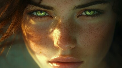Fototapeta premium A close-up portrait of a woman with freckles, her emerald green eyes illuminated by soft, natural light, highlighting her radiant and serene expression.