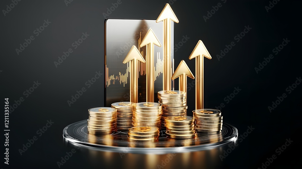 Poster glowing golden 3d arrows soaring over futuristic financial market charts and graphs symbolizing weal