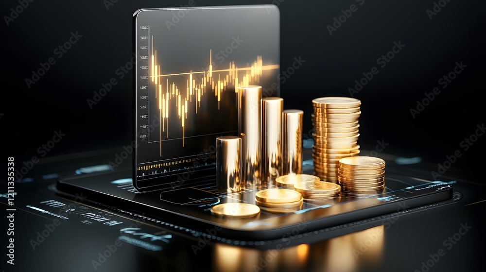 Poster Futuristic 3D market visualization featuring glowing financial charts success driven arrows and wealth focused concepts  Depicts the dynamic world of digital trading data analysis