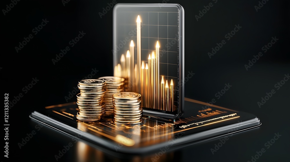Poster Futuristic 3D financial charts data graphs and glowing arrows visually representing the progress growth and success of the market and wealth