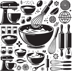 Black Color Mixing Bowls Silhouette Vector Illustration, Solid White Background. minimal vector design