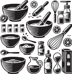 Black Color Mixing Bowls Silhouette Vector Illustration, Solid White Background. minimal vector design