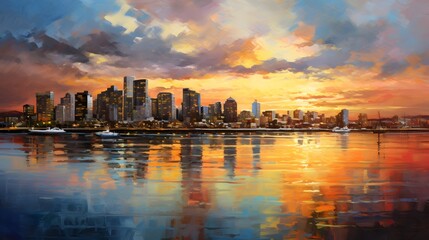 Fototapeta premium Vibrant cityscape at sunset with colorful reflections in the water Skyscrapers and urban architecture mirrored in the calm river or lake creating a serene and tranquil scene