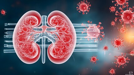Fototapeta premium Detailed 3D medical of human kidneys in vibrant red tones with adrenal glands highlighted in warm yellow orange gradient Conceptual image for healthcare biology and medical research