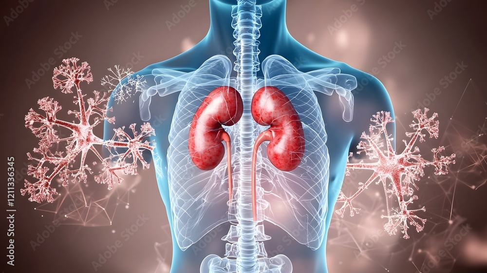 Poster Highly detailed and 3D rendering showcasing the internal structure and textures of the human kidneys and adrenal glands set against a pink and beige gradient background