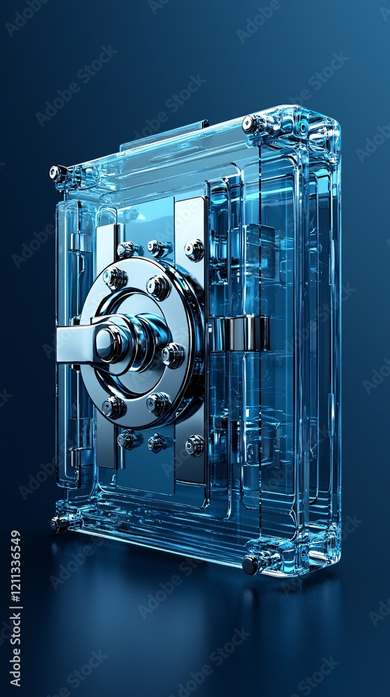 Poster a secure data vault with glowing blue lights, representing advanced information source security prot