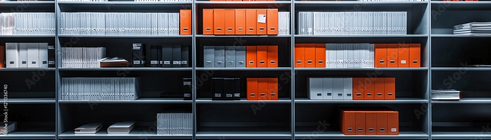 Poster a neatly organized library shelf with labeled binders and books, illustrating information source doc