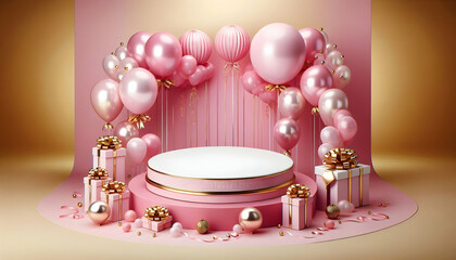 Birthday A pink birthday setup with two pink balloons to the left, a round white platform at the center, and 4