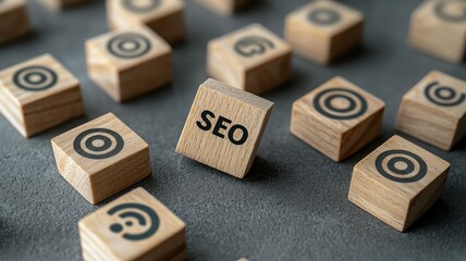 seo relevance Concept. A collection of wooden blocks featuring symbols, with a prominent block displaying the letters "SEO," emphasizing search engine optimization concepts.
