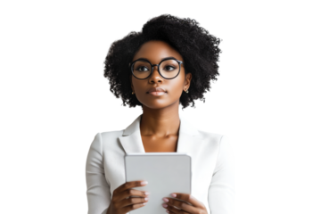 Focused businesswoman holding a tablet isolated on white or transparent, PNG
