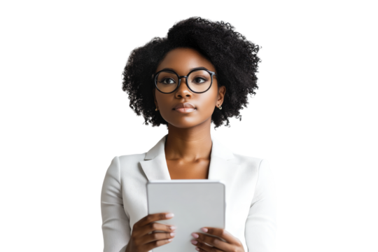 Focused businesswoman holding a tablet isolated on white or transparent, PNG