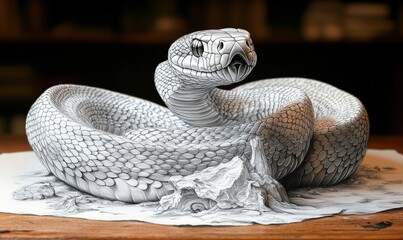 Fototapeta premium Sculptural snake drawing, realistic detail.