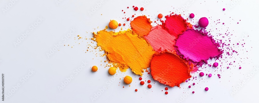 Poster Splattered watercolor idea. Colorful splashes of paint creating vibrant textures and unique patterns on a white background.