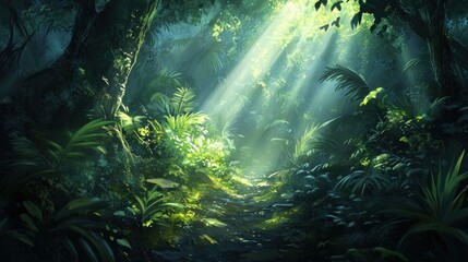A serene forest scene illuminated by sunlight filtering through lush foliage.