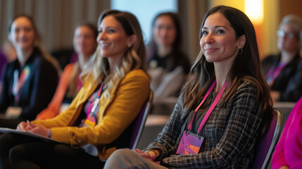 A group of engaged women at a conference, smiling and focused on the presentation, showcasing the spirit of collaboration and learning in a professional setting.