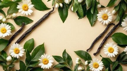 A decorative arrangement of daisies and vanilla pods on a light background.